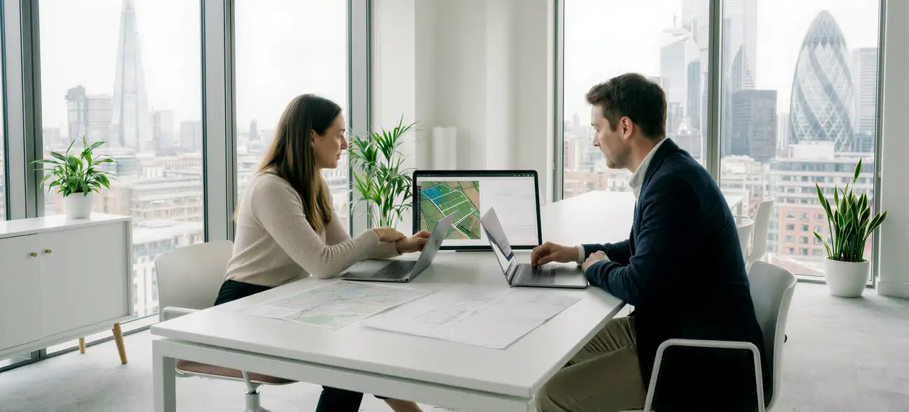 Verified Sites for Efficient Wind Farm Development Project developers discuss wind farm site plans and development in a modern office.